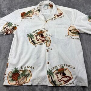 Vintage Pineapples Diamond Head Hawaiian Shirt Men's Large White Rayon Button-Up